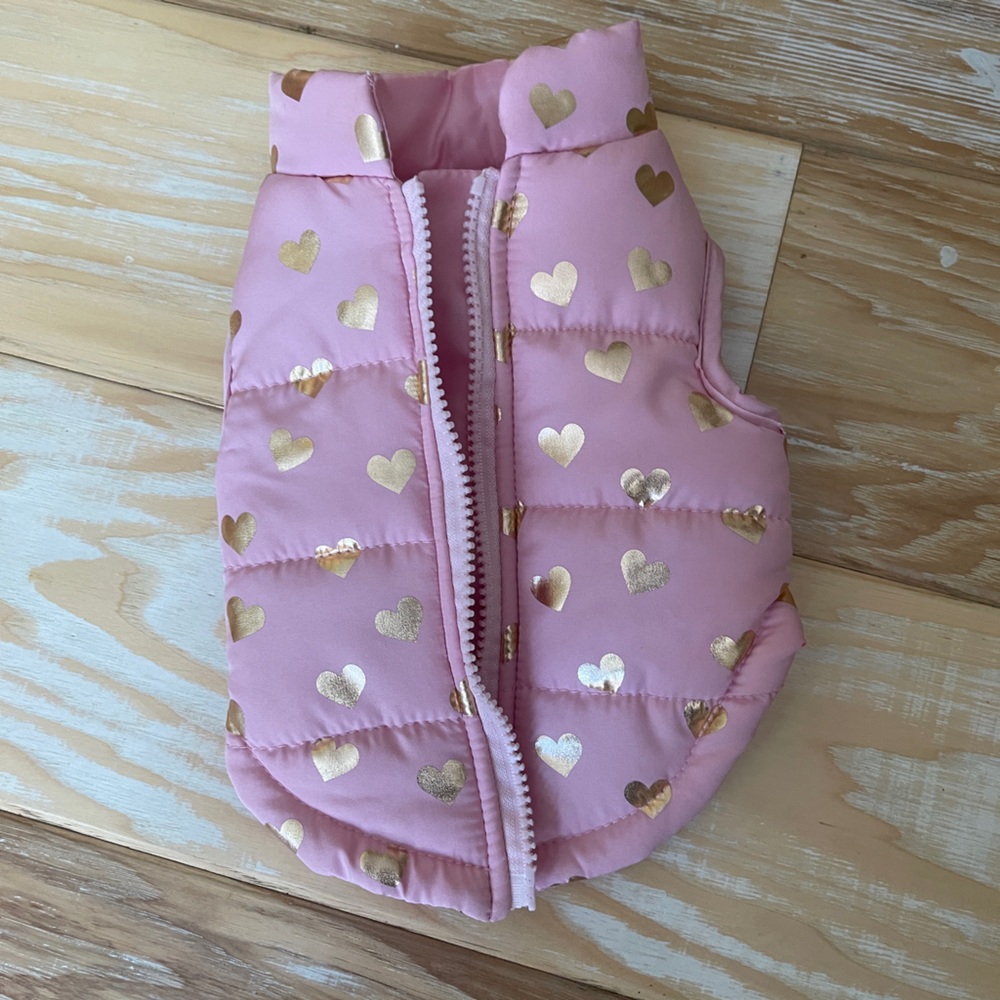 Light pink with gold hearts puffer zip up jacket for dog brand new size xs